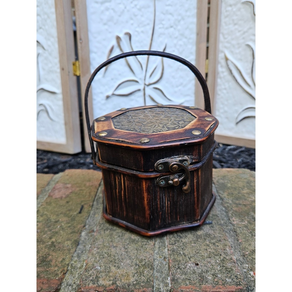 Vtg Wooden Octagon Trinket Box with Handle, Distressed Decorative Embossed